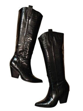 Women's Black Knee High Cowgirl Boots Size 8  Croc-Embossed Western Boots